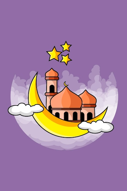 Design Mosque and Moon Star Cartoon Illustration