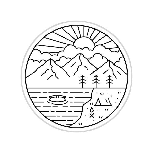 Design of nature mountain and camping near a lake in mono line art for tshirt badge sticker etc