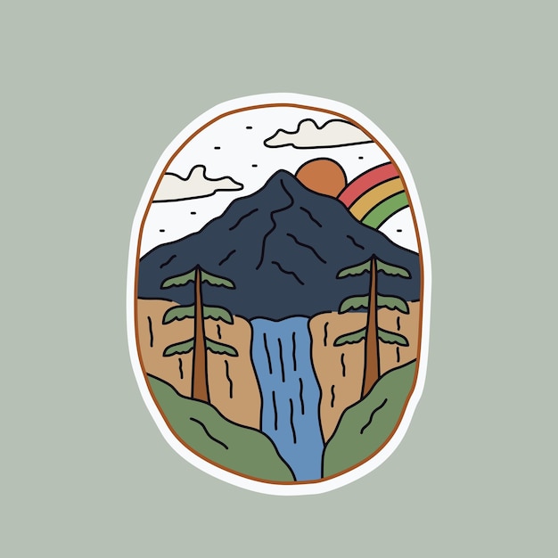 Design of nature mountain and waterfall rainbow for badge sticker patch t shirt design etc