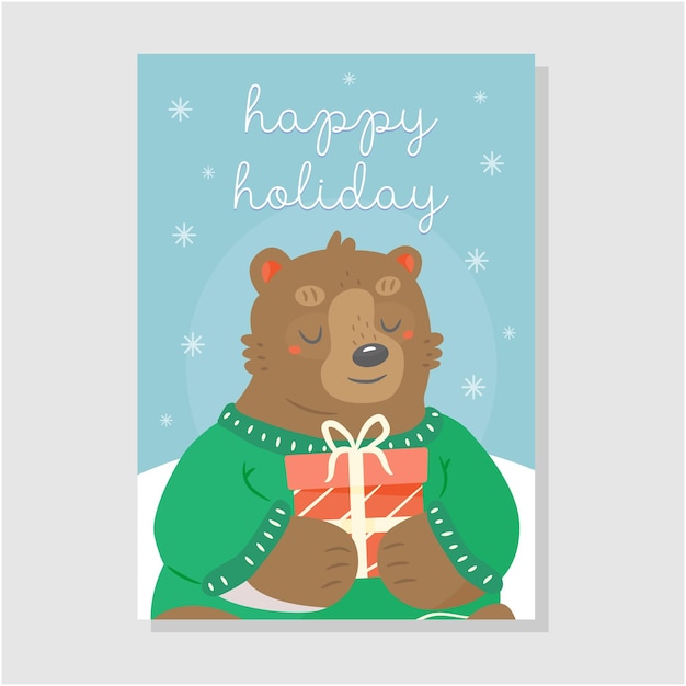 The design of a New Year's Christmas card with a bear in a sweater with gift and text happy holiday