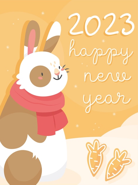 The design of the New Year's postcard 2023 rabbit. A card with a cute rabbit with gingerbread cookie