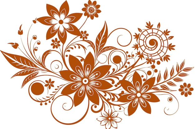 a design in orange and brown with flowers and a big flower