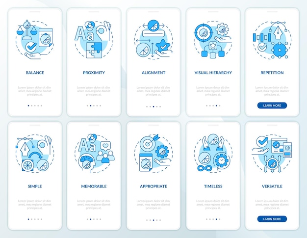 Design principles blue onboarding mobile app screen set