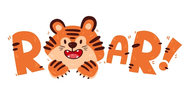 Design print of a cute funny tiger Nursery print with wild cat and lettering quote roar