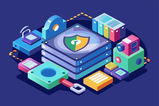 The design showcases various colorful elements related to secure data storage and cybersecurity tools Secure data Customizable Semi Flat Illustration