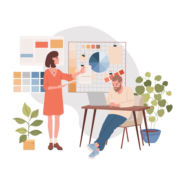 Design studio interior vector flat illustration male and female characters