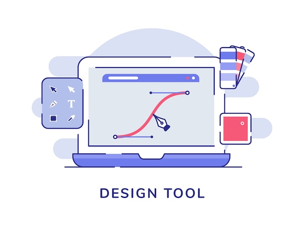 Vector design tool concept pen make curve line on display laptop screen with flat outline style