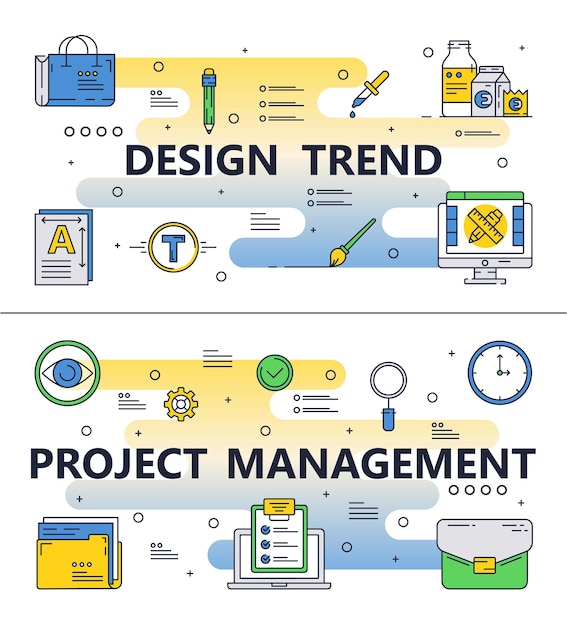 Vector design trend and project management template set vector thin line art flat style design elements icons for website banners and printed materials