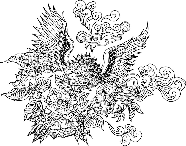 Design Vector coloring outline Flower and Wings for adult and kid Line art design coloring page