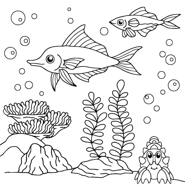 Design Vector Coloring Page Aqua Fish for Kid