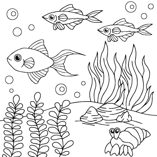 Design Vector Coloring Page Fish Undersea for Kid