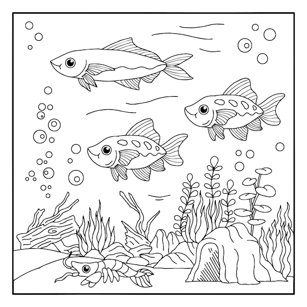 Design Vector Coloring Page for Kid Fish Underwater