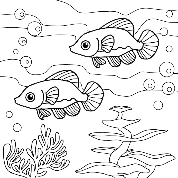 Design Vector Coloring Page for Kid Fish Under water