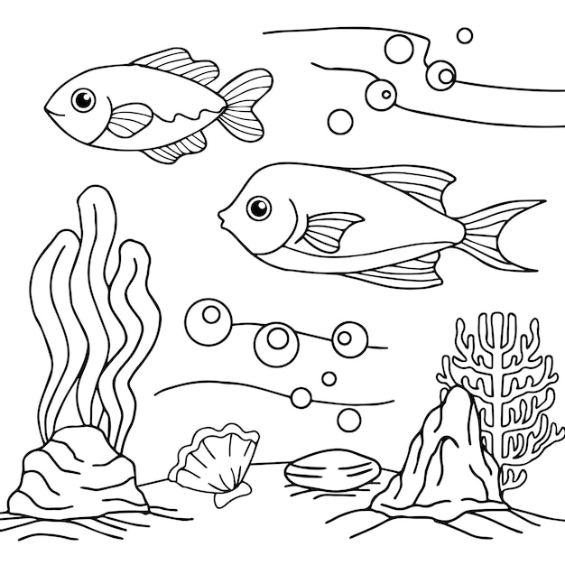 Design Vector Coloring Page for Kid Fish Under water