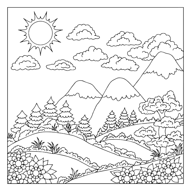 Design Vector Coloring Page for Kid Landscape Mountain