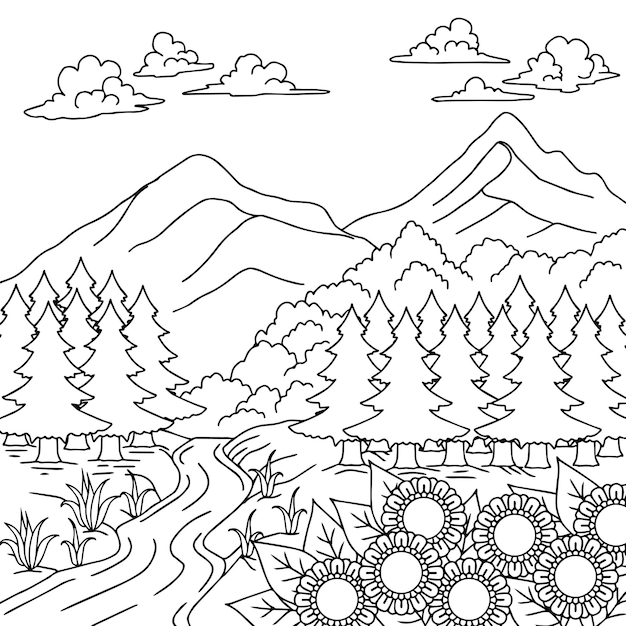 Design Vector Coloring Page Landscape Nature