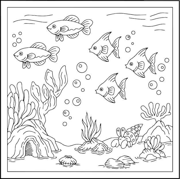 Design Vector Fish Under Sea Coloring Page for Kid Outline