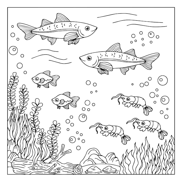 Design Vector Fish Under Sea Coloring Page for Kid Outline