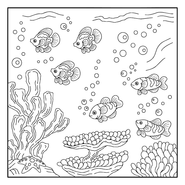 Design Vector Fish Under Sea Coloring Page for Kid Outline