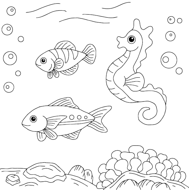 Design Vector Fish and Seahorse Aquarium Coloring Page for Kid