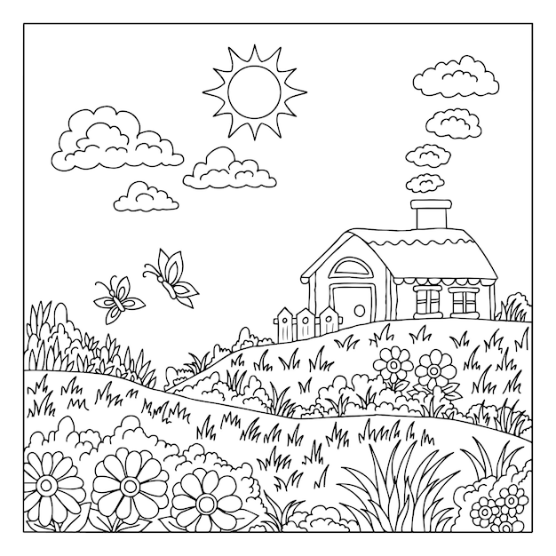 Design Vector Landscape House Coloring Page for Kid