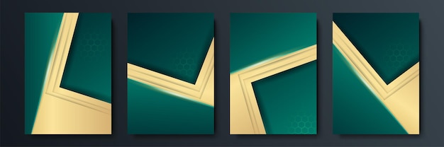 Design of vector minimalistic covers with gradient and geometric intersecting line shapes. Dark green and gold banner design. Modern cover templates set