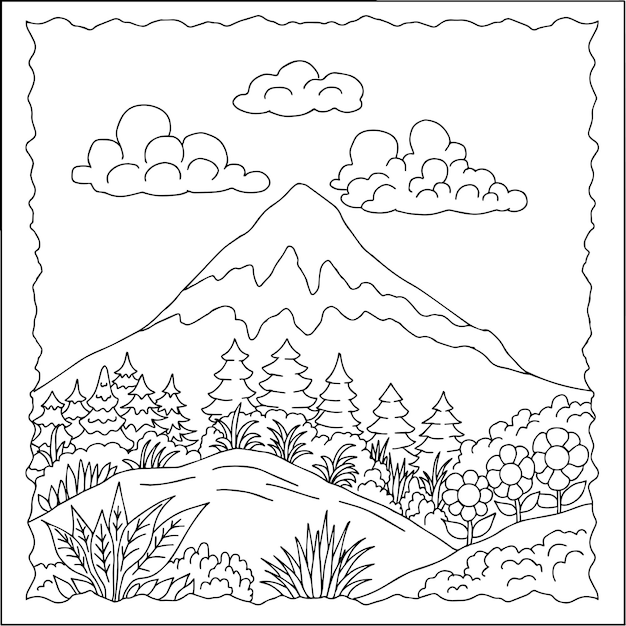 Design Vector Outline Landscape Mountain Coloring Page for Kid