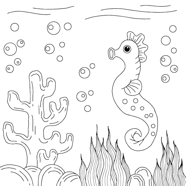 Design Vector Seahorse Aquarium Coloring Page for Kid