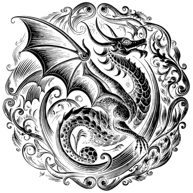 Vector design with concepts of renaissance art dragon vector illustration engraving