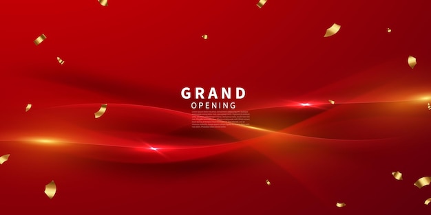 Design your opening card on a red background with elegant gold confetti vector illustration business banner template