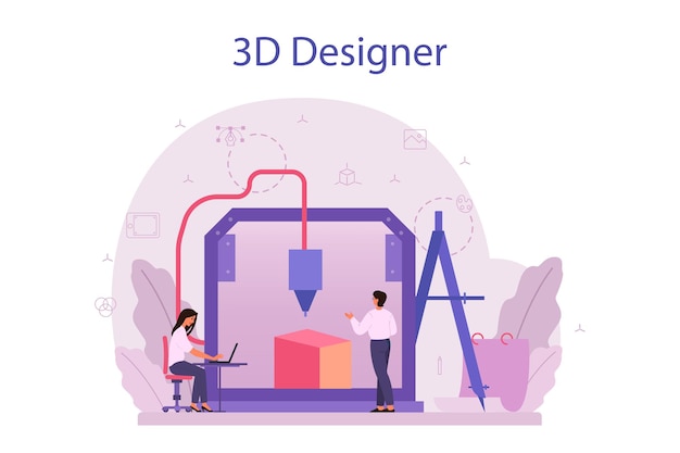 Designer 3D modeling concept. Digital drawing with electronic tools and equipment. 3D printer equipment and engineering. Modern prototyping and construction. Isolated vector illustration