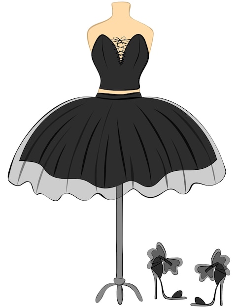 Designer black dress on a mannequin with shoes Vintage Beautiful look Party or cocktail dress Vector