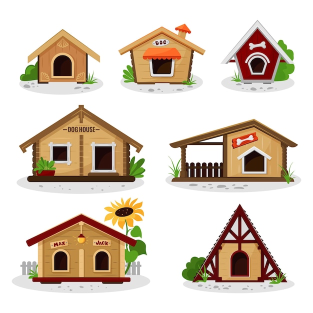 Designer doghouses set in cartoon style