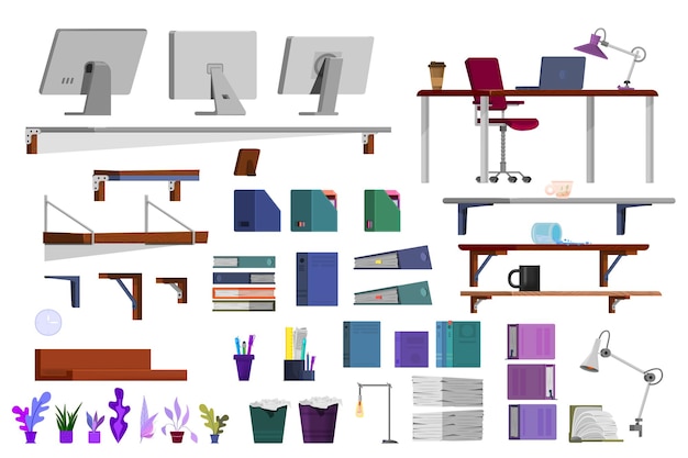 Vector designer interior office workspace at home cartoon style.