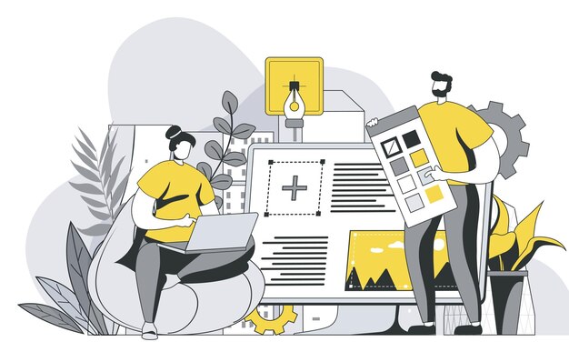 Vector designers agency concept with outline people scene man and woman working on project