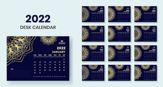 Desk Calendar 2022 With Luxury Mandala Set template vector design Premium Vector