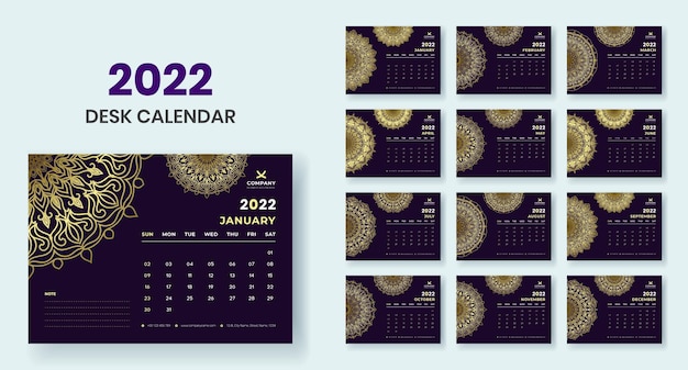 Desk Calendar 2022 With Luxury Mandala Set template vector design Premium Vector