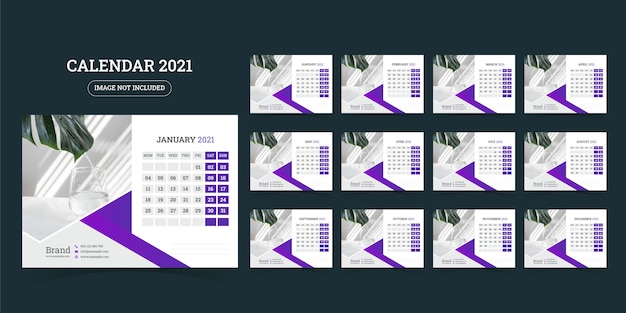 Desk calendar design 2021 template Set of 12 Months, Week starts Monday,