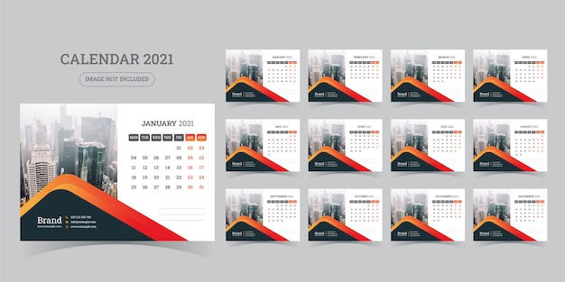 Desk calendar design 2021 template Set of 12 Months, Week starts Monday,