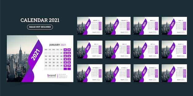 Desk calendar design 2021 template Set of 12 Months, Week starts Monday,