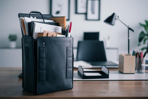 Vector a desk with a black briefcase and a stack of papers on it