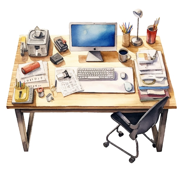 A desk with a computer and a book on it