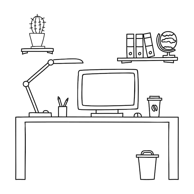 Desk with a computer or workplace in office drawn by hand doodle style Vector illustration