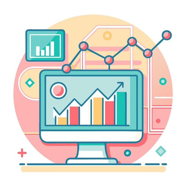 Desktop computer with bar graph showing upward trend with a line graph in the background abstract design