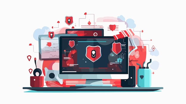 Desktop Computer with Cyber Security Icons Set Vector Illustration