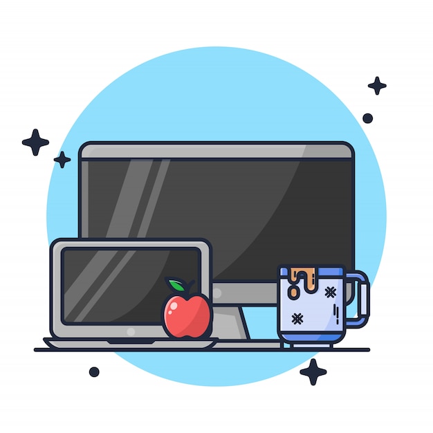 Desktop Laptop and apple with Coffee