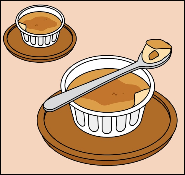 a dessert at a cafe creme brulee illustration set Cup spoon table dessert table Vector drawing