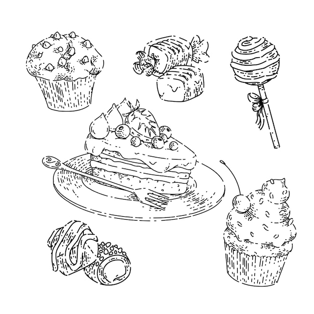 Dessert cake bakery sketch hand drawn vector