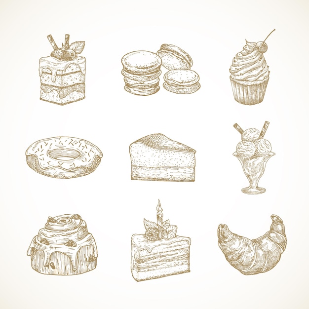 Vector dessert sweets hand drawn doodle vector illustrations set. cakes, donut, ice cream, macarons and croissant buns confectionary sketch style drawings collection. isolated.