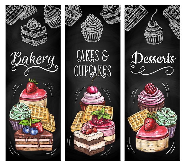 Desserts cakes and bakery vector sketch banners